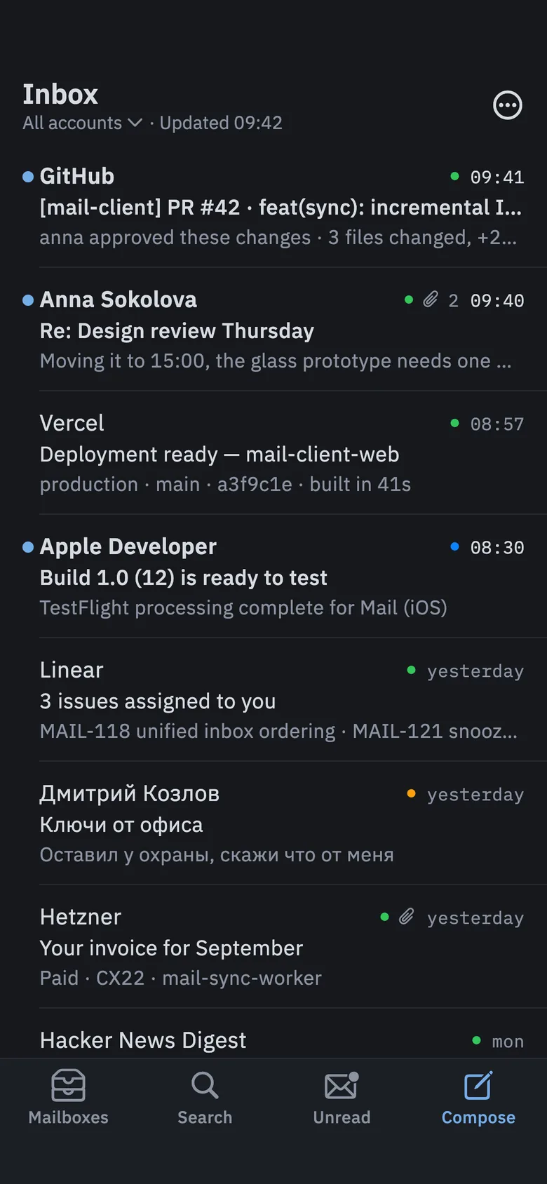 Flomsi on a phone: the inbox for all accounts, with Mailboxes, Search, Unread and Compose in a bar at the bottom.