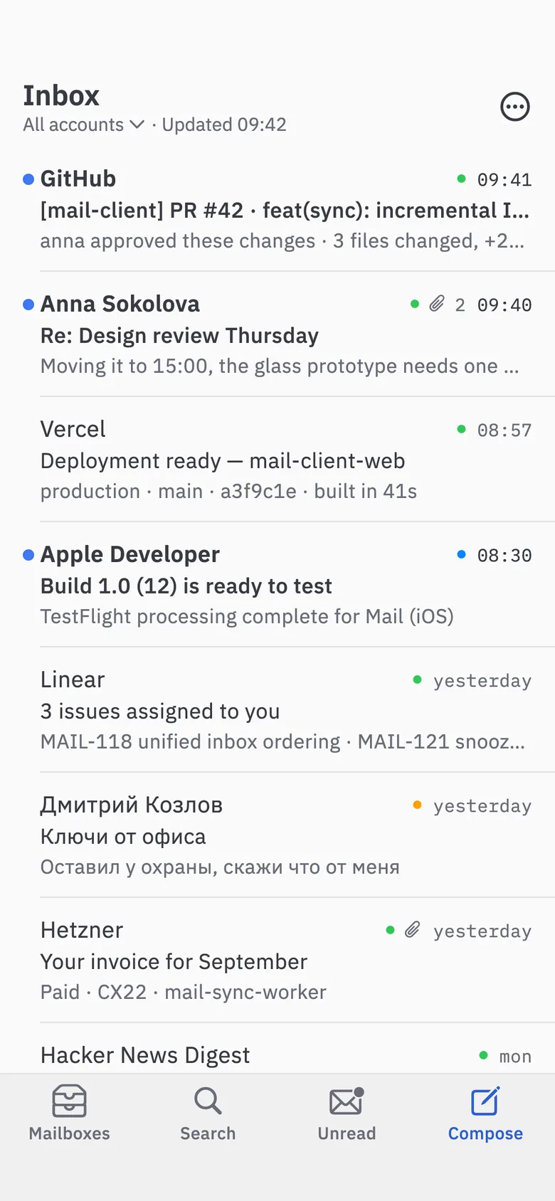Flomsi on a phone: the inbox for all accounts, with Mailboxes, Search, Unread and Compose in a bar at the bottom.