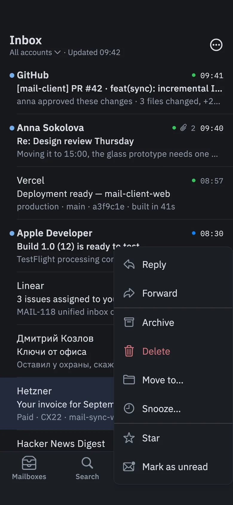 The menu that opens on a long press: Reply, Forward, Archive, Delete, Move to, Snooze, Star and Mark as unread.