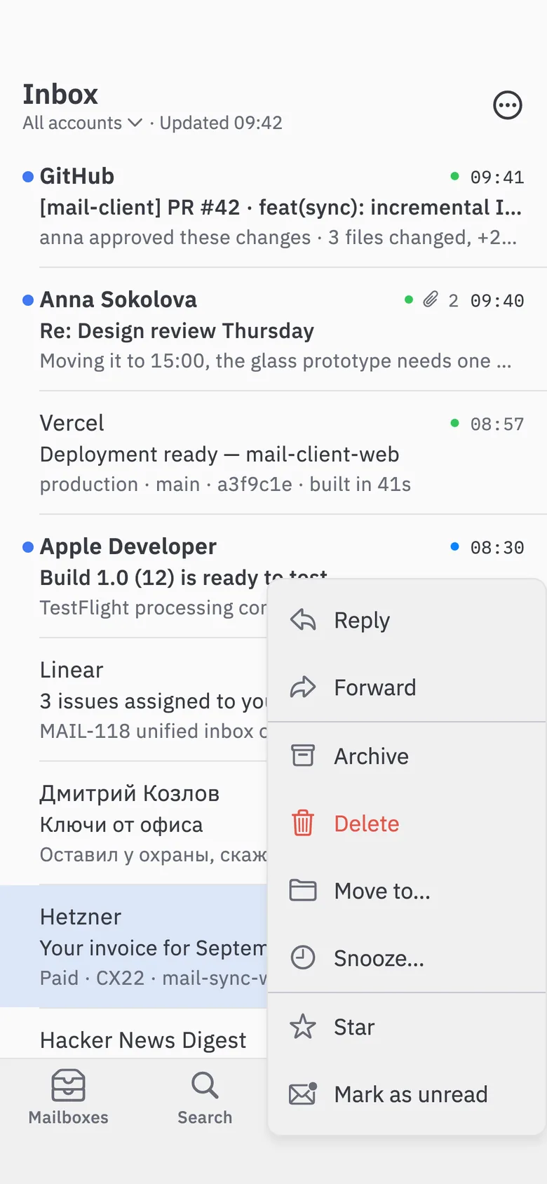 The menu that opens on a long press: Reply, Forward, Archive, Delete, Move to, Snooze, Star and Mark as unread.