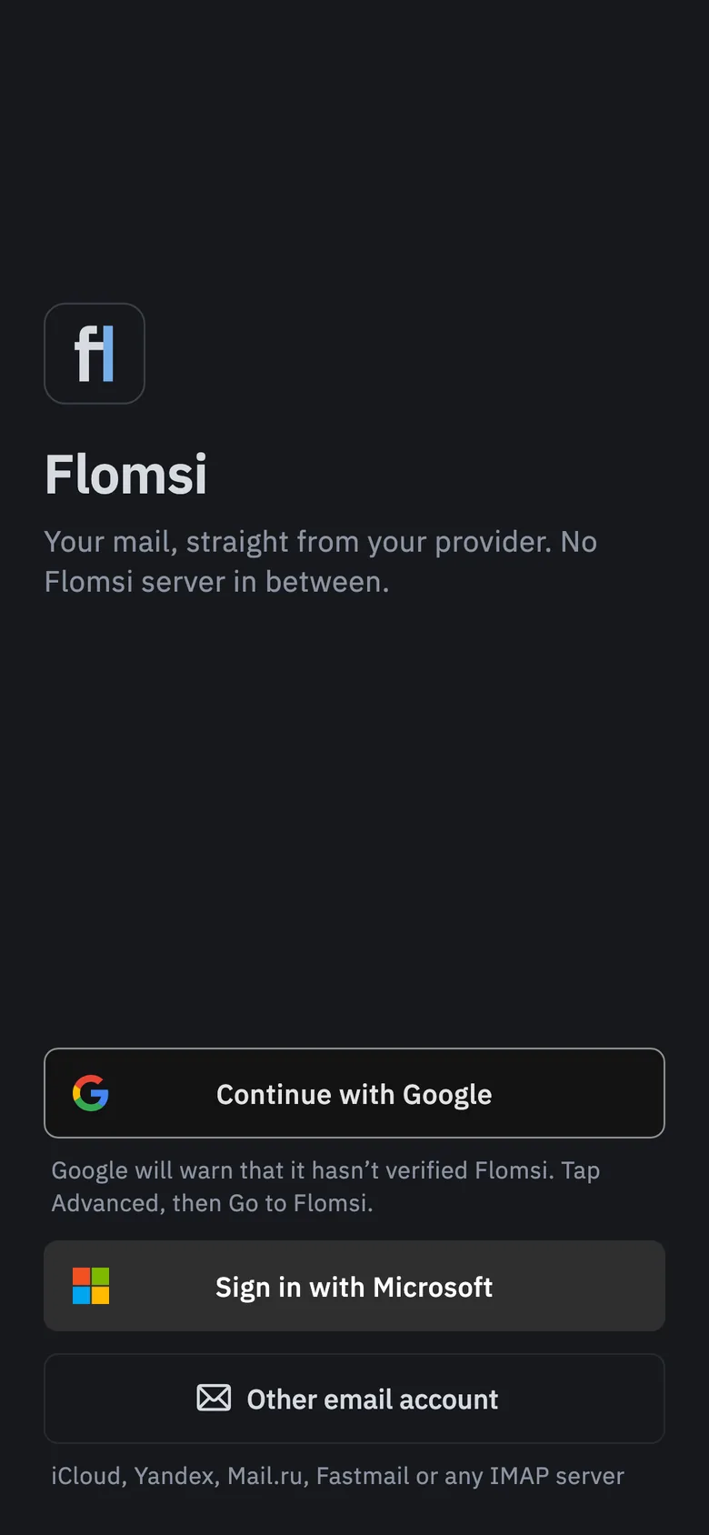 Flomsi's start screen: Continue with Google, Sign in with Microsoft, and Other email account.