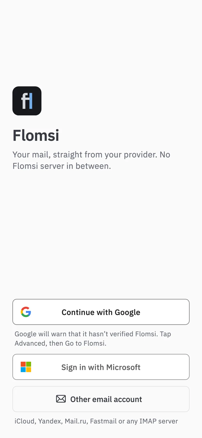 Flomsi's start screen: Continue with Google, Sign in with Microsoft, and Other email account.